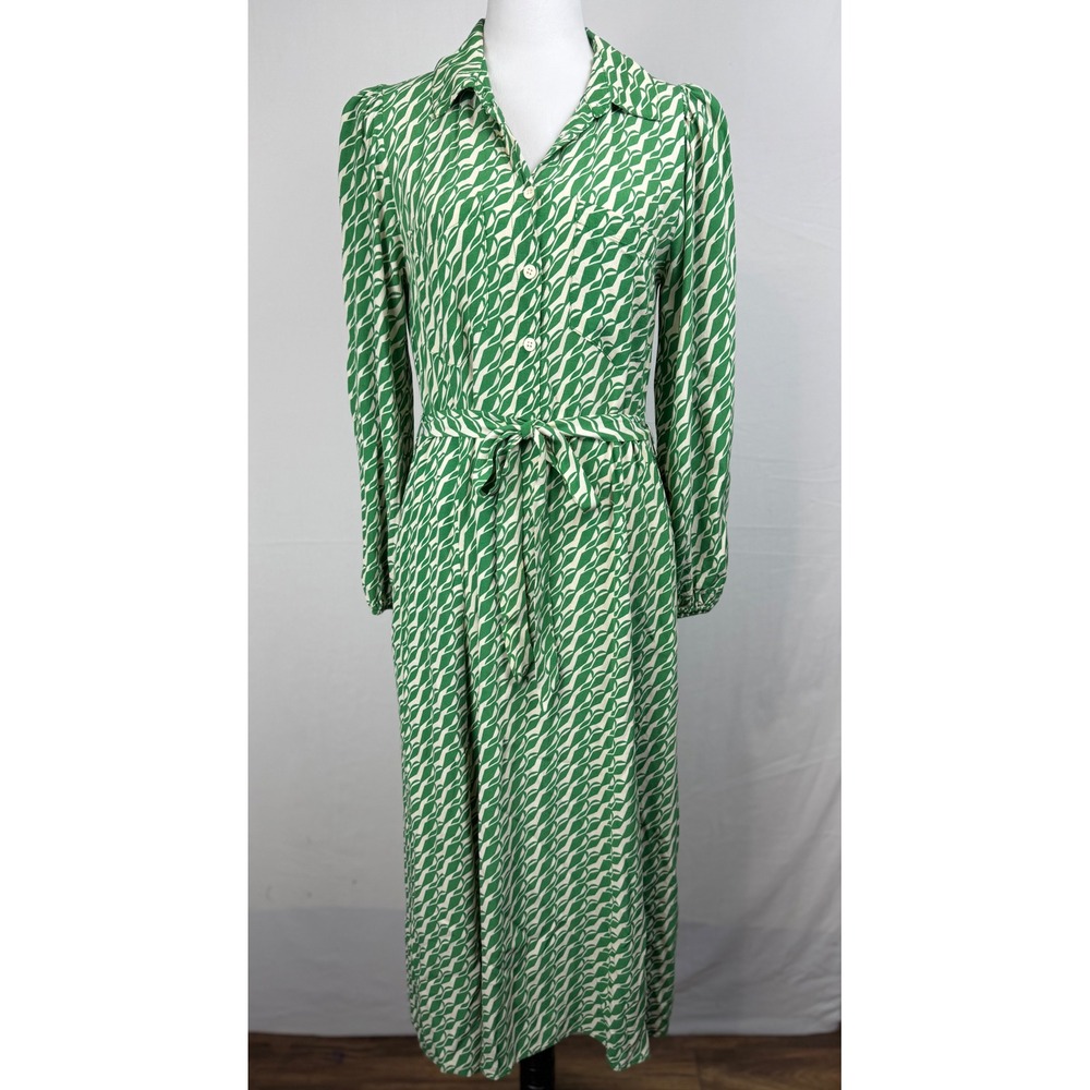 Zara Womens Shirt Dress Size M Green Geometric Leaf Print Long Sleeve Belted